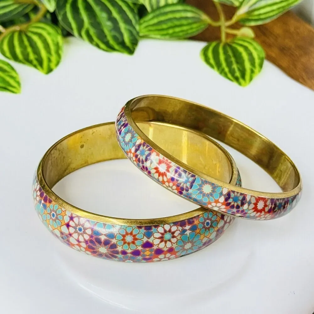 2 Vintage Brass Bracelet Bangle Floral Colorful Cottage Core Tel Blue Red
